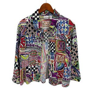 Chico’s Cotton Patchwork Statement Abstract Art Jacket 80s Snap Front L2